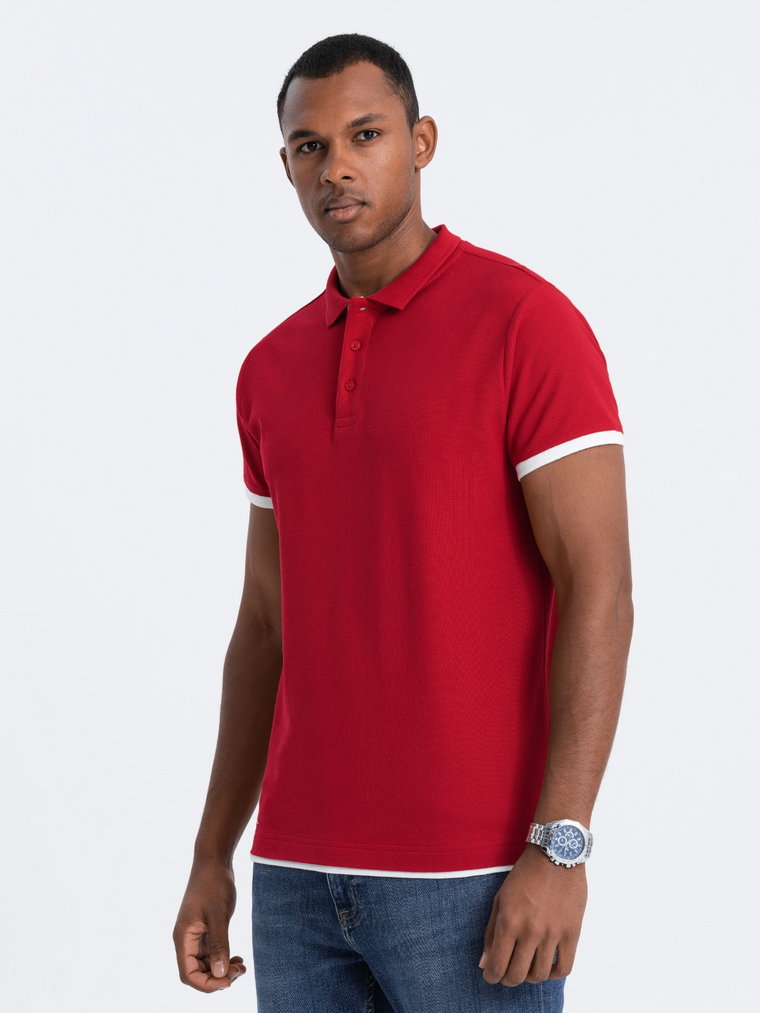 Męska bawełniana koszulka polo z kontrastowymi wykończeniami - czerwona V2 OM-POSS-0113