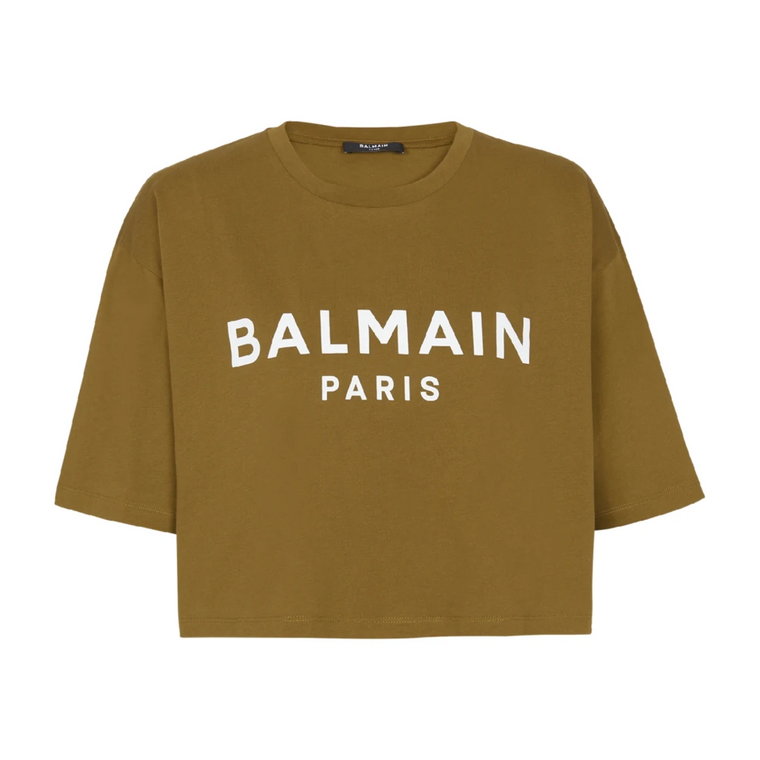 Ekologiczna przycięta bawełniana koszulka z nadrukiem logo Balmain