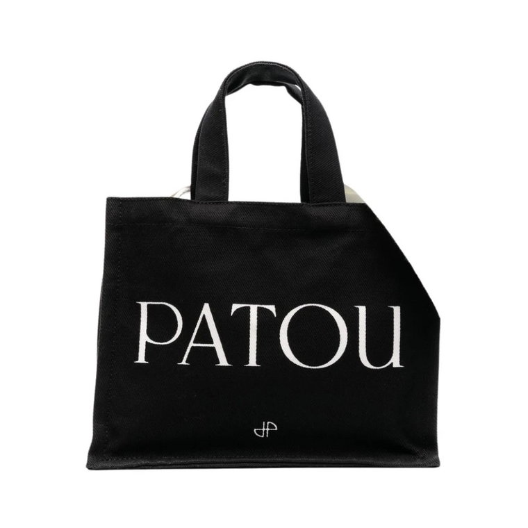 Logo-Print Tote Bag, Czarno-Biała Bawełna Patou