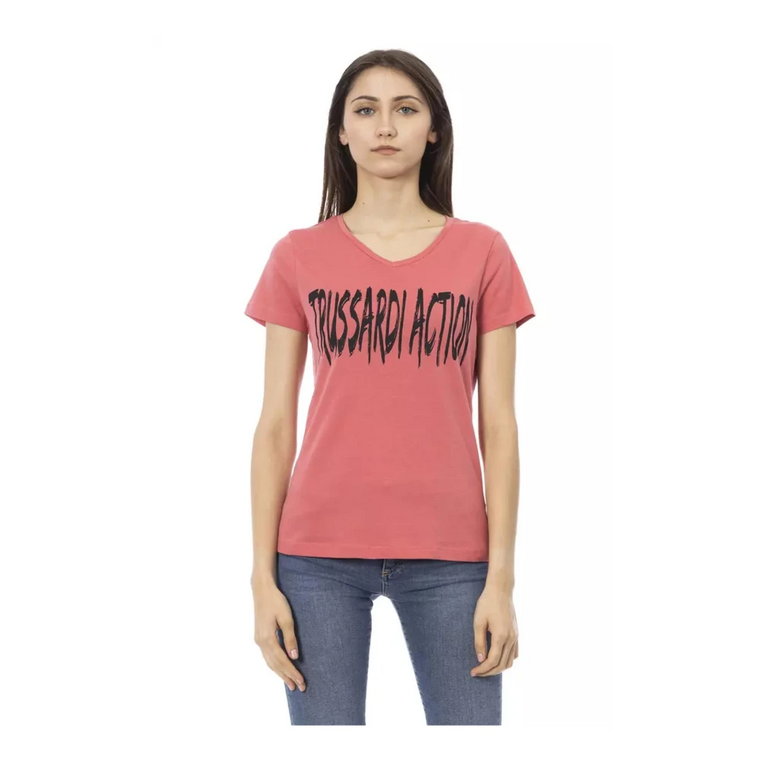 Różowa T-Shirt z Dekoltem w Szpic z Nadrukiem Trussardi