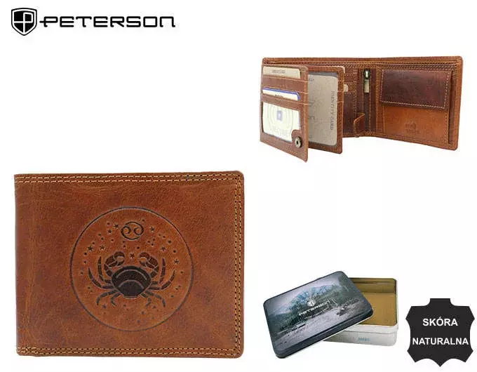 Duży, skórzany portfel męski z tłoczeniem przedstawiającym znak zodiaku  Peterson