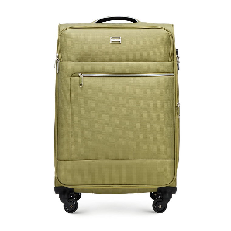 Średnia walizka miękka z błyszczącym suwakiem z przodu zielona