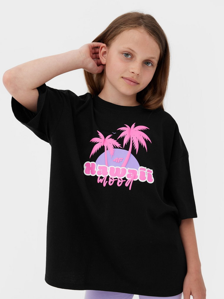 T-shirt z nadrukiem dziewczęcy - czarny