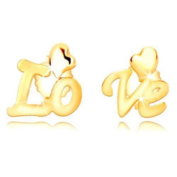 Kolczyki z 9K żółtego złota - podzielony napis Love, nieregularne serca, sztyfty