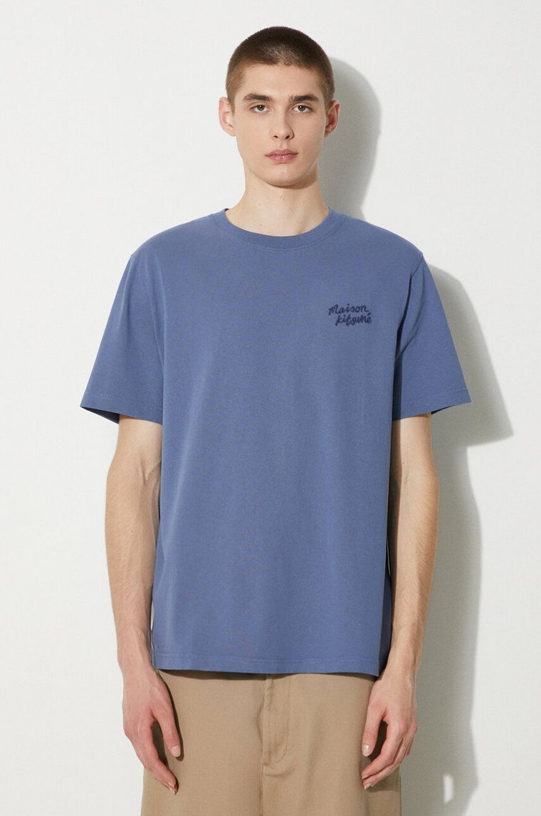 Maison Kitsuné t-shirt bawełniany Handwriting Comfort Tee Shirt męski kolor niebieski z aplikacją MM00126KJ0118