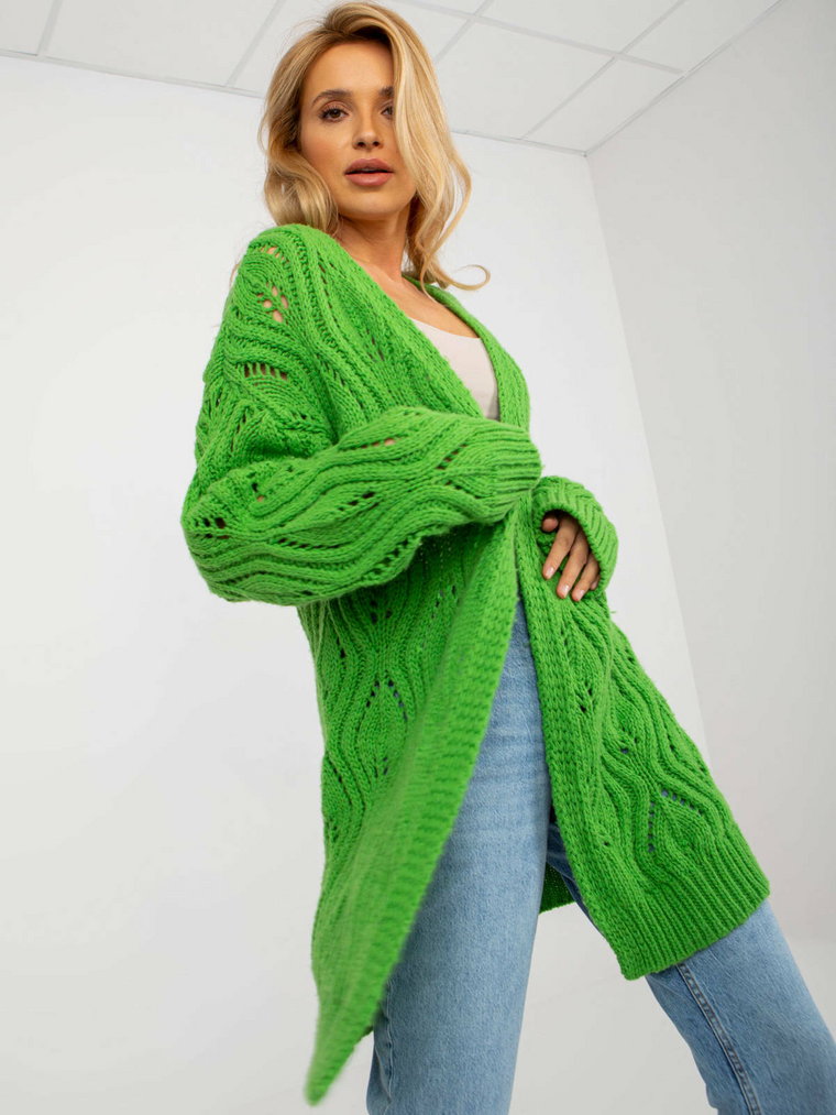 Kardigan jasny zielony casual sweter ażurowy narzutka rękaw długi długość długa