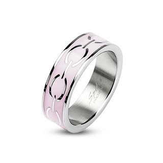 Stalowy pierścionek - różowy środek, kółka - Rozmiar : 49