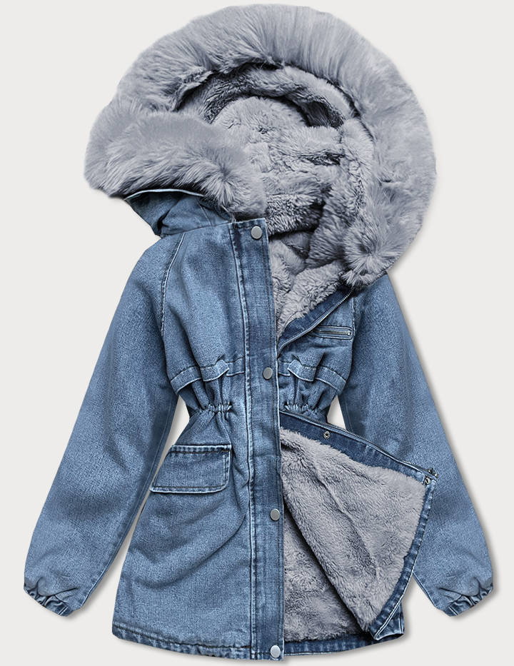Damska kurtka jeansowa na futrzanej podszewce niebieski/szary (br8048-5009)