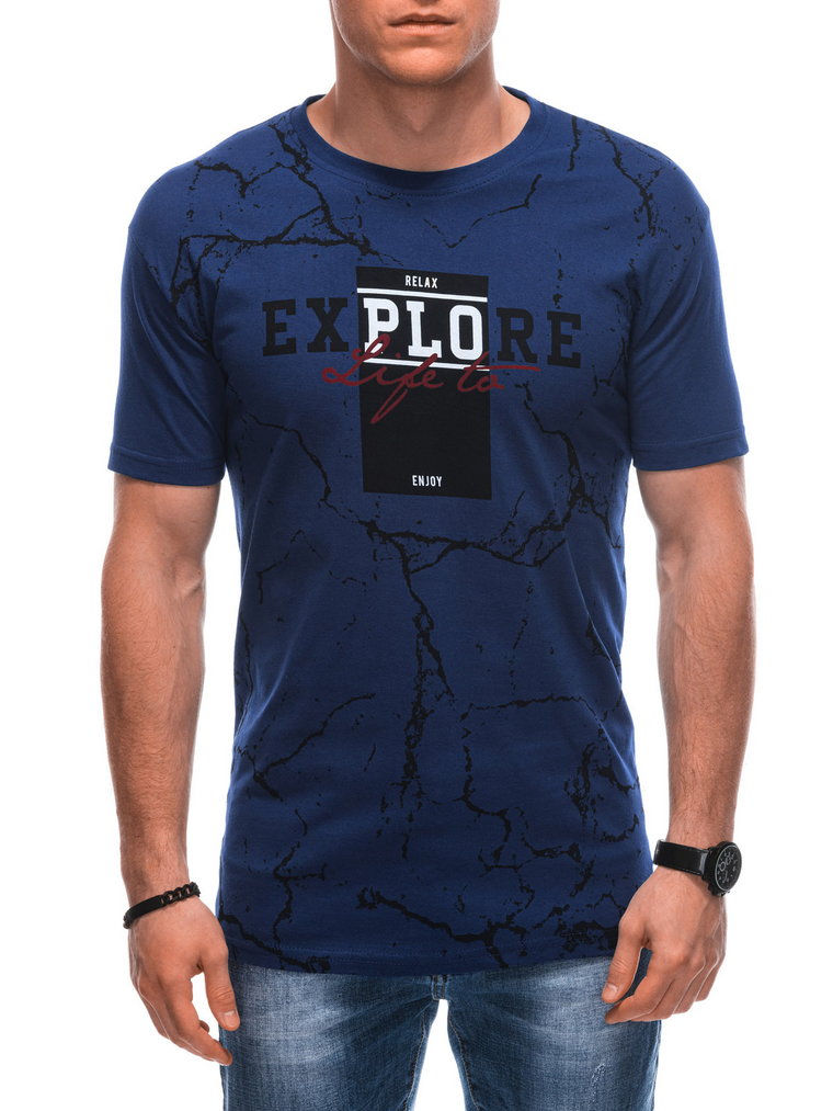 T-shirt męski z nadrukiem S1854 - ciemnoniebieski