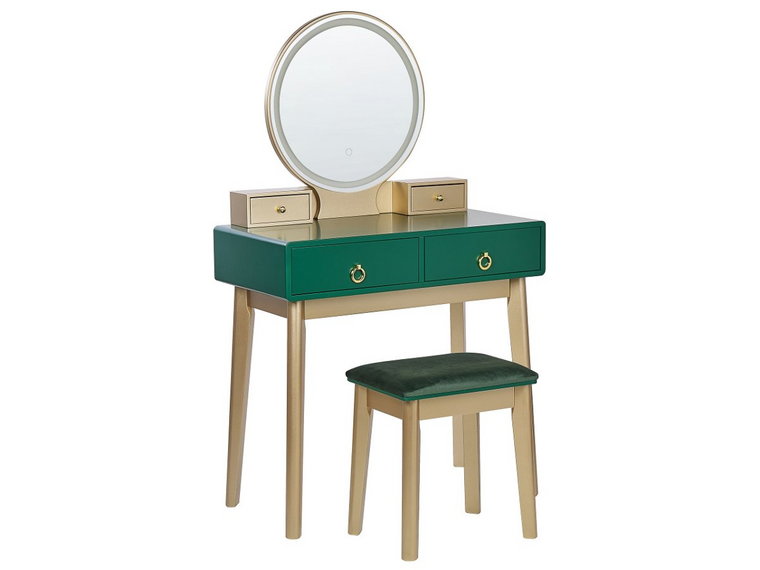 Toaletka 4 szuflady lustro LED ze stołkiem zielono-złota FEDRY