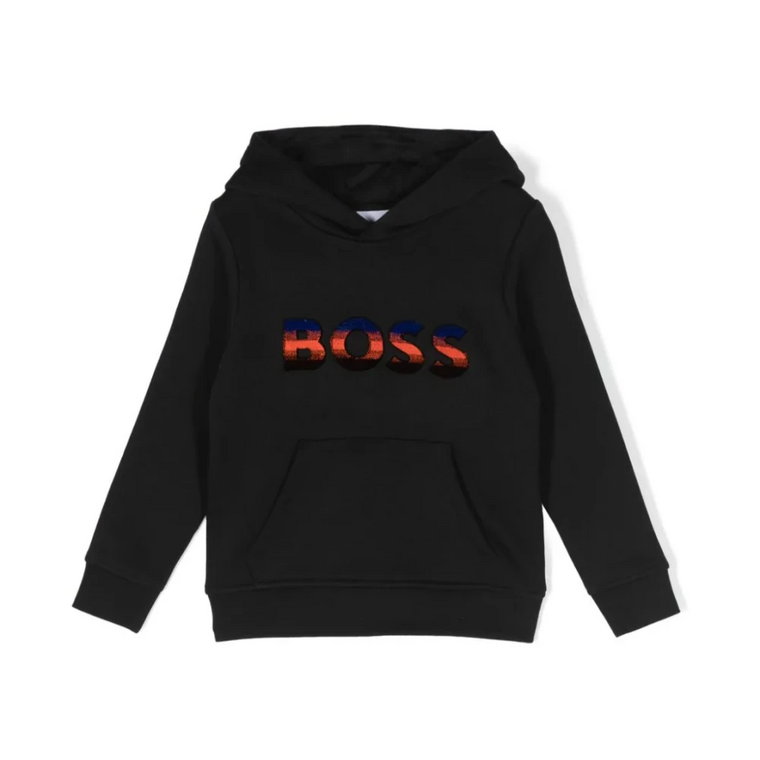Czarne Swetry z Wytłoczonym Logo i Kapturem Hugo Boss