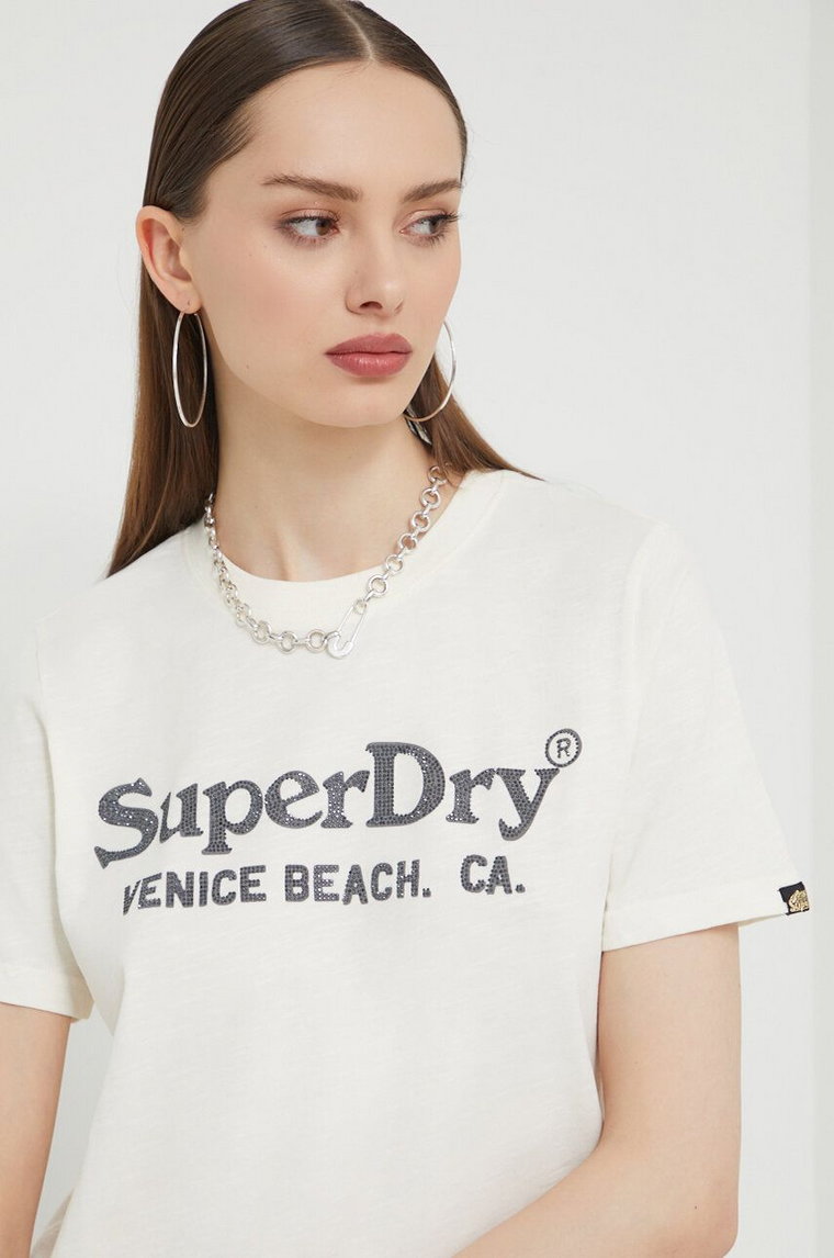 Superdry t-shirt bawełniany damski kolor beżowy