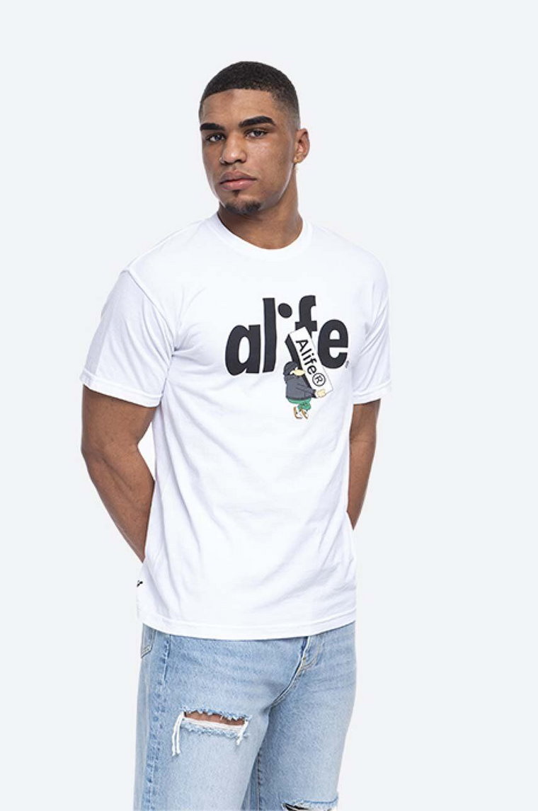 Alife t-shirt bawełniany Boostin kolor biały wzorzysty ALISS20-59 WHITE/BLACK ALISS20.59-WHITE.BL