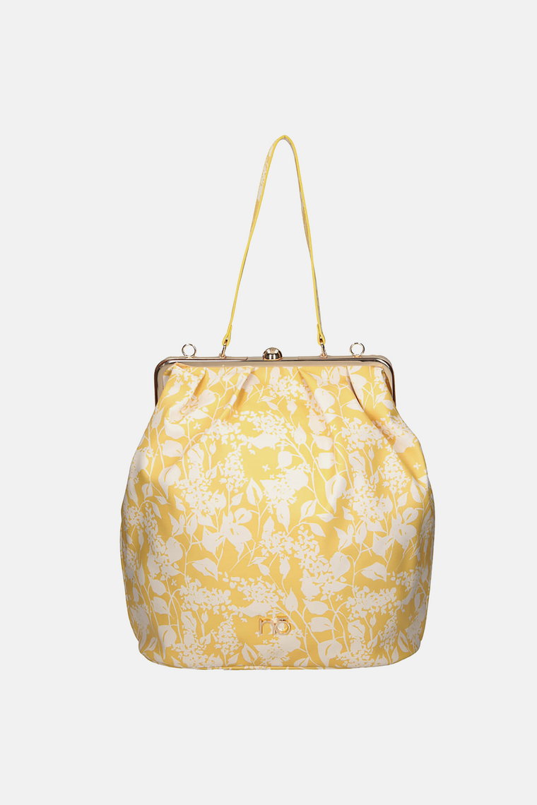 Żółta torebka na ramię w kwiatowy wzór, zapinana na bigiel