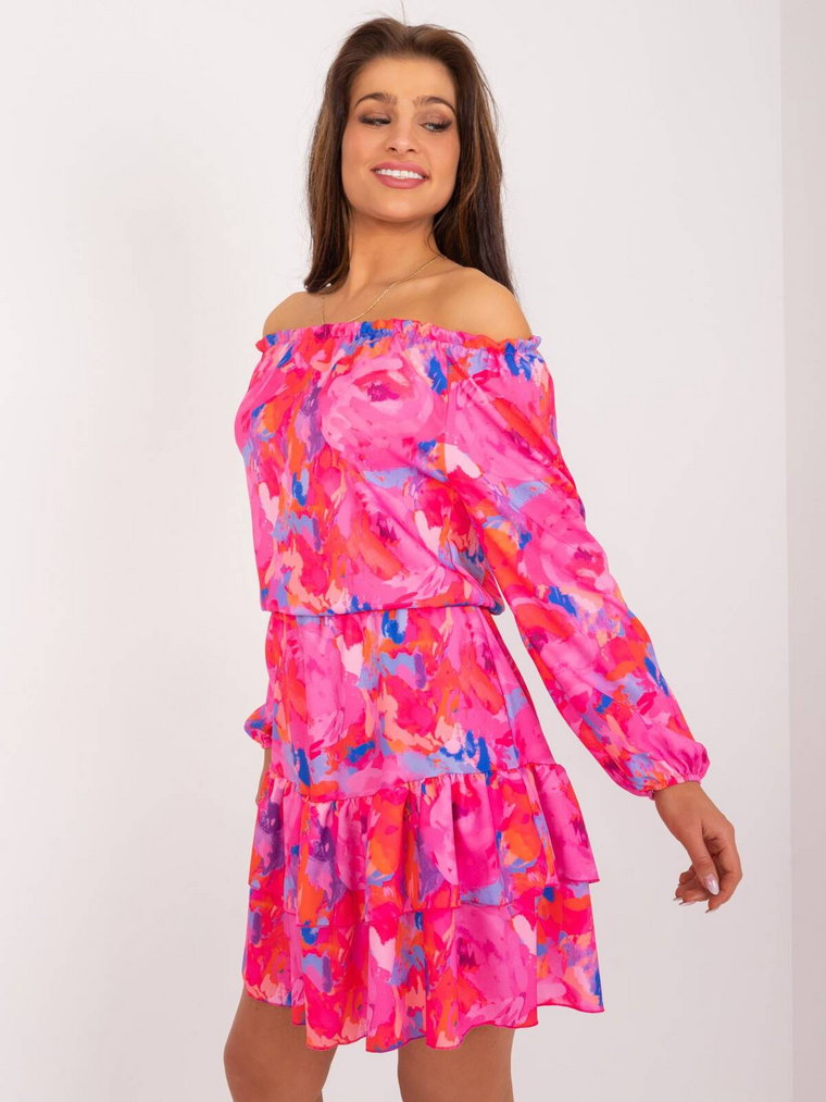 Sukienka hiszpanka ciemny różowy letnia dekolt rękaw długi długość mini falbana bufiasty rękaw