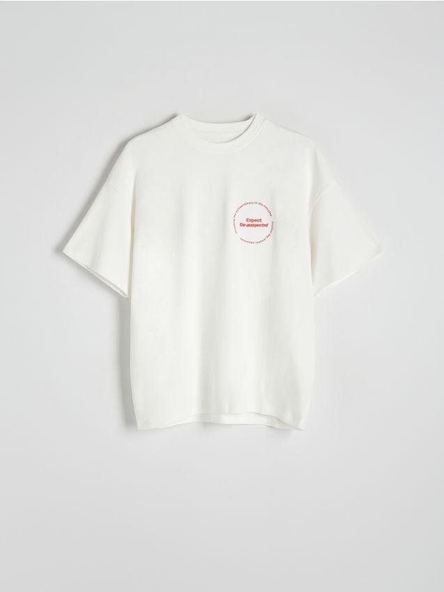 Reserved - T-shirt oversize z napisem - złamana biel