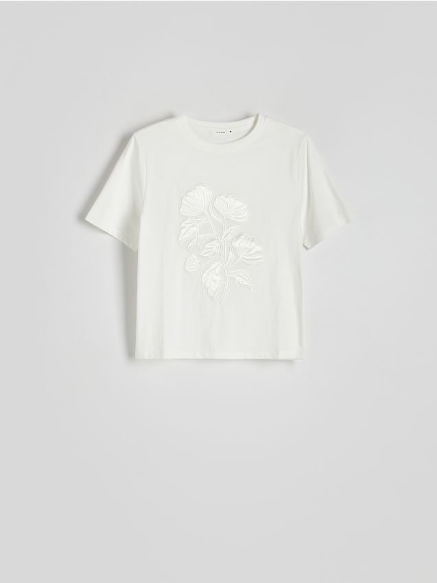 Reserved - T-shirt z naszytą aplikacją - biały