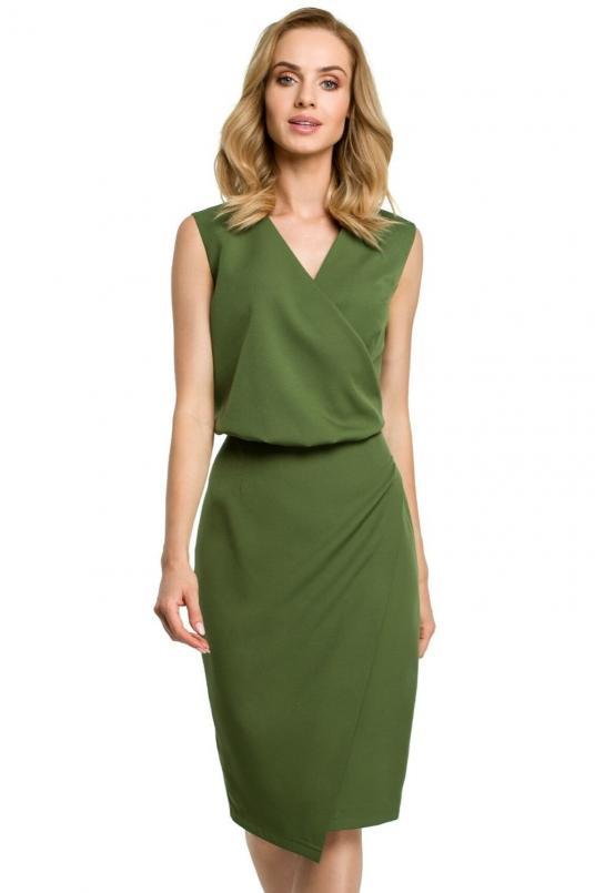 Sukienka elegancka ołówkowa do pracy kopertowy dekolt zielona