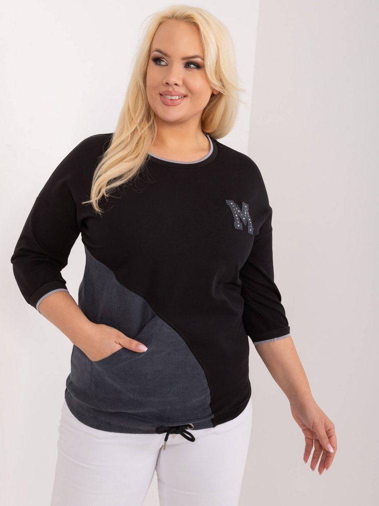 Bluzka plus size czarny casual codzienna dekolt okrągły rękaw 3/4 kieszeń naszywki dżety