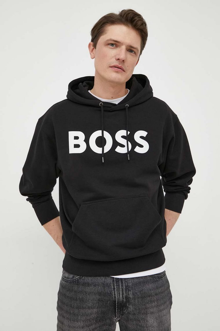 BOSS bluza bawełniana BOSS ORANGE męska kolor czarny z kapturem z nadrukiem 50487134