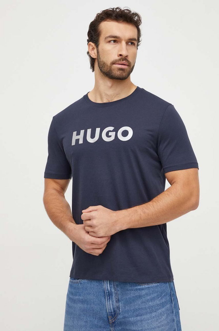 HUGO t-shirt bawełniany męski kolor granatowy z nadrukiem