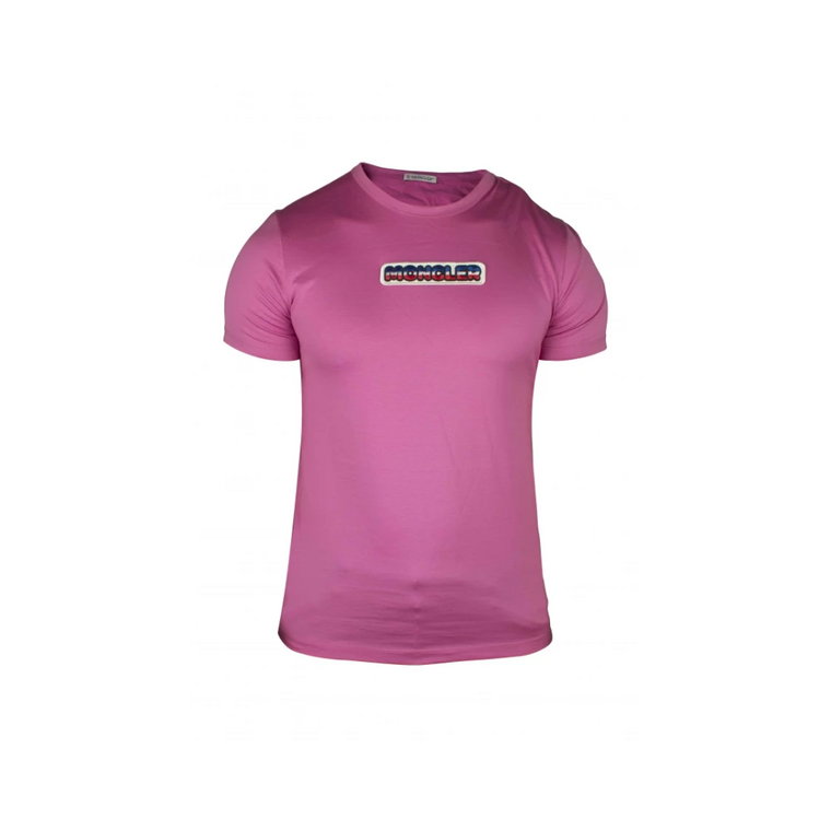 Różowa bawełniana koszulka z haftowanym logo Moncler