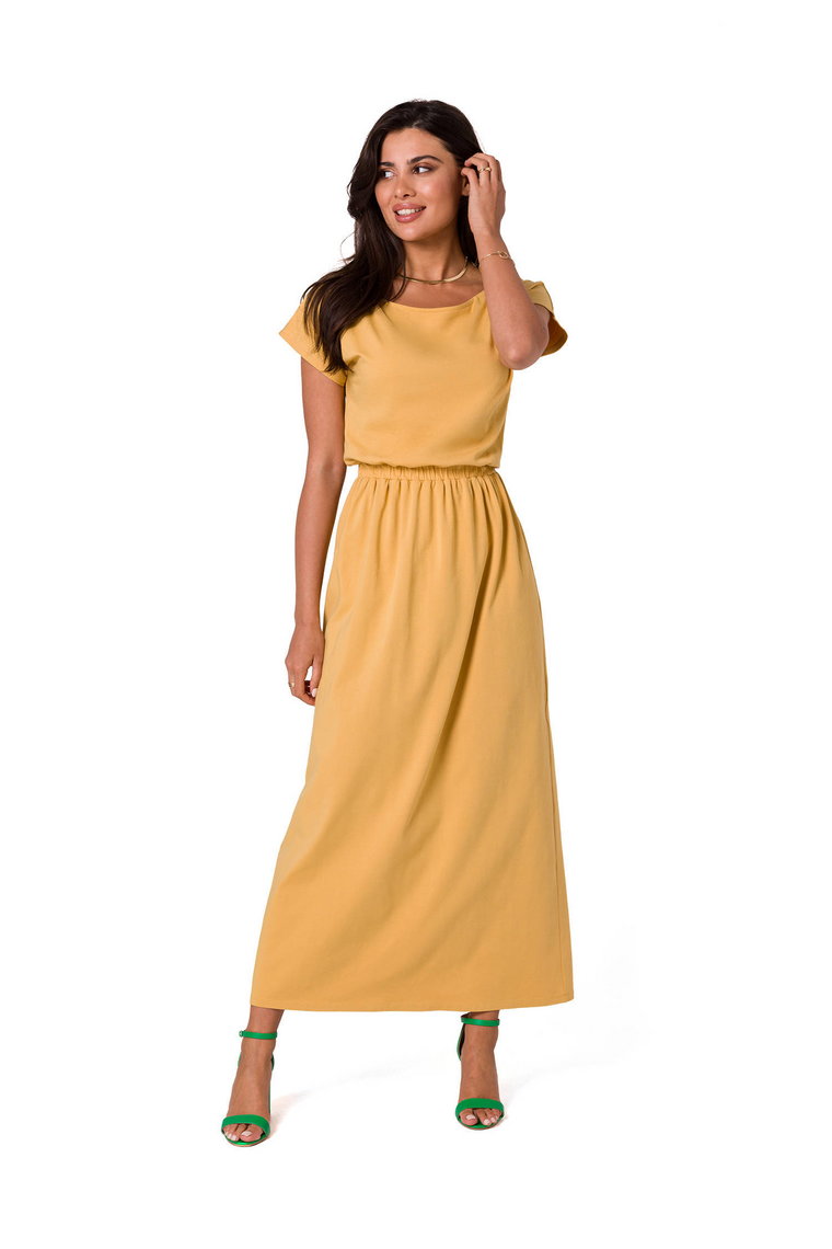 Długa sukienka bawełniana z gumą w pasie dekolt łódka żółta