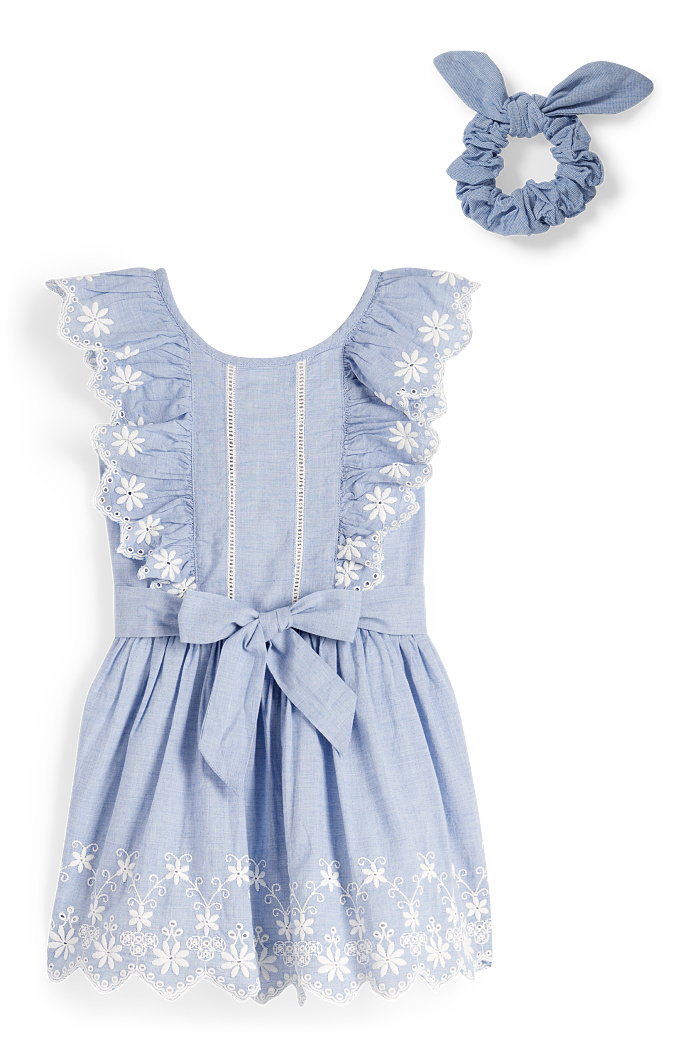 C&A Kwiatek-komplet-sukienka i gumka do włosów owijka-2 części, Niebieski, Rozmiar: 134
