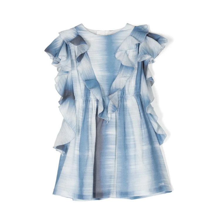 Niebiesko-Biała Bawełniana Sukienka z Falbankami Chloé
