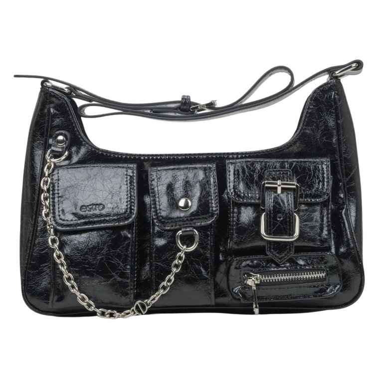 Women's Black Shoulder Bag with Pockets made of Genuine Leather Estro Er00114406 Estro