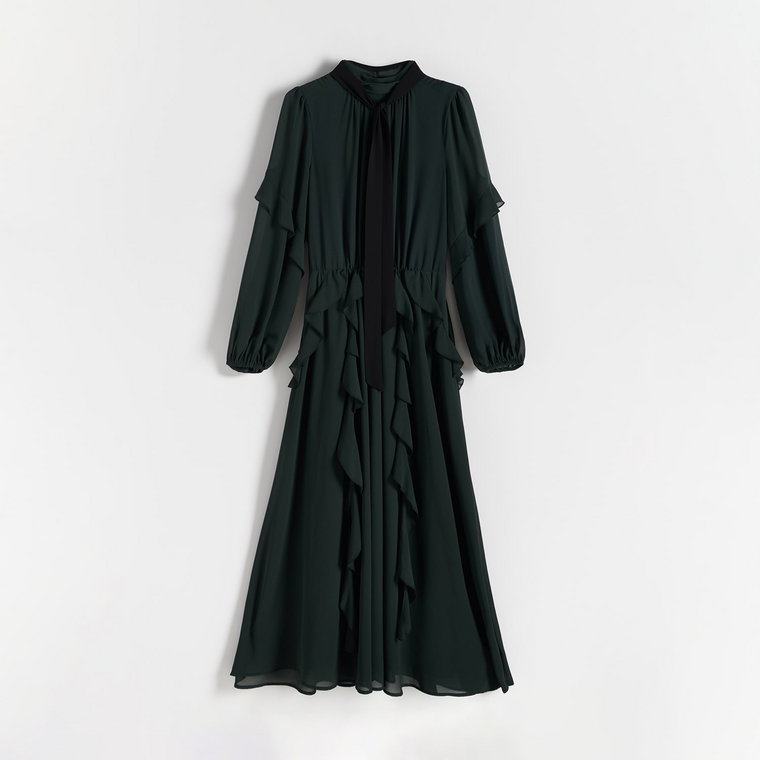 Reserved - Sukienka maxi z falbanami - ciemnozielony