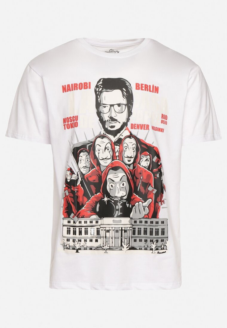 Biały Klasyczny T-shirt z Bawełny z Dużym Nadrukiem Gunelia