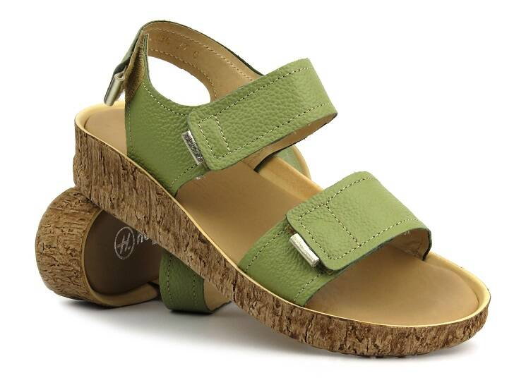 Skórzane sandały damskie na rzepy - Helios 136, zielone