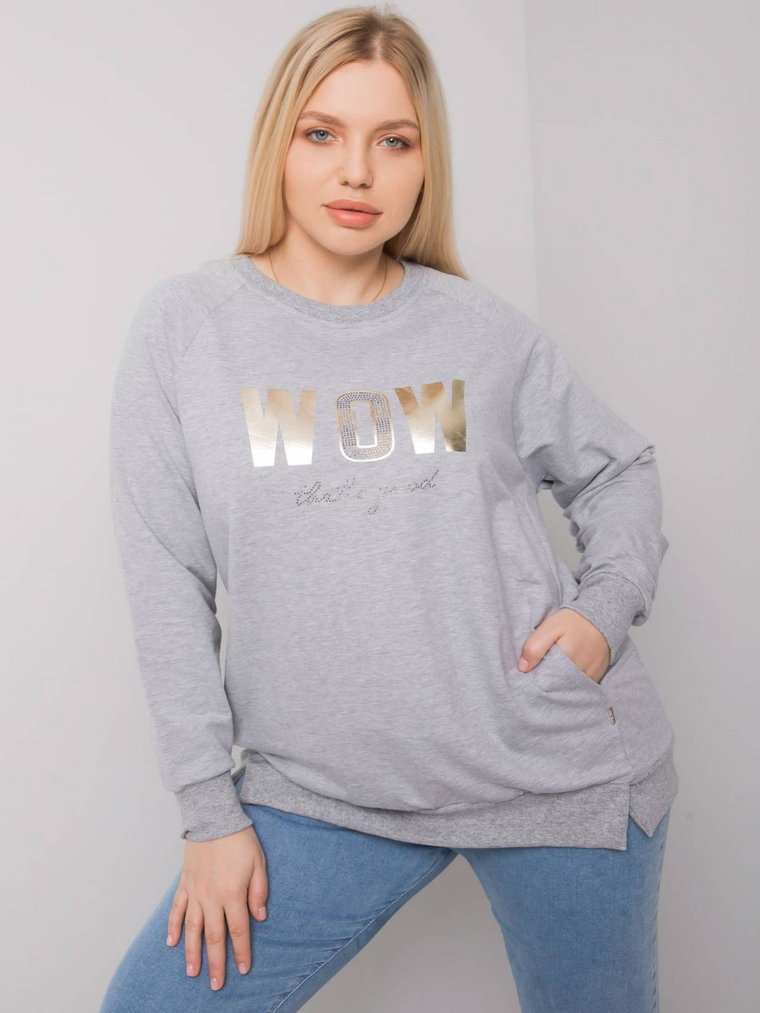 Bluzka plus size szary casual dekolt okrągły rękaw długi dżety