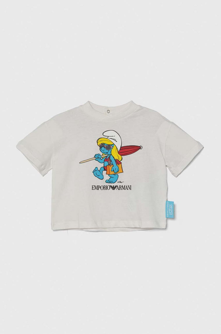Emporio Armani t-shirt bawełniany niemowlęcy x The Smurfs kolor biały z nadrukiem