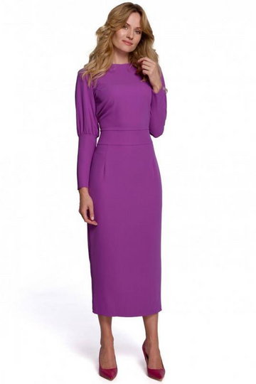 Elegancka sukienka z odkrytymi plecami fioletowa długa z rozcięciem