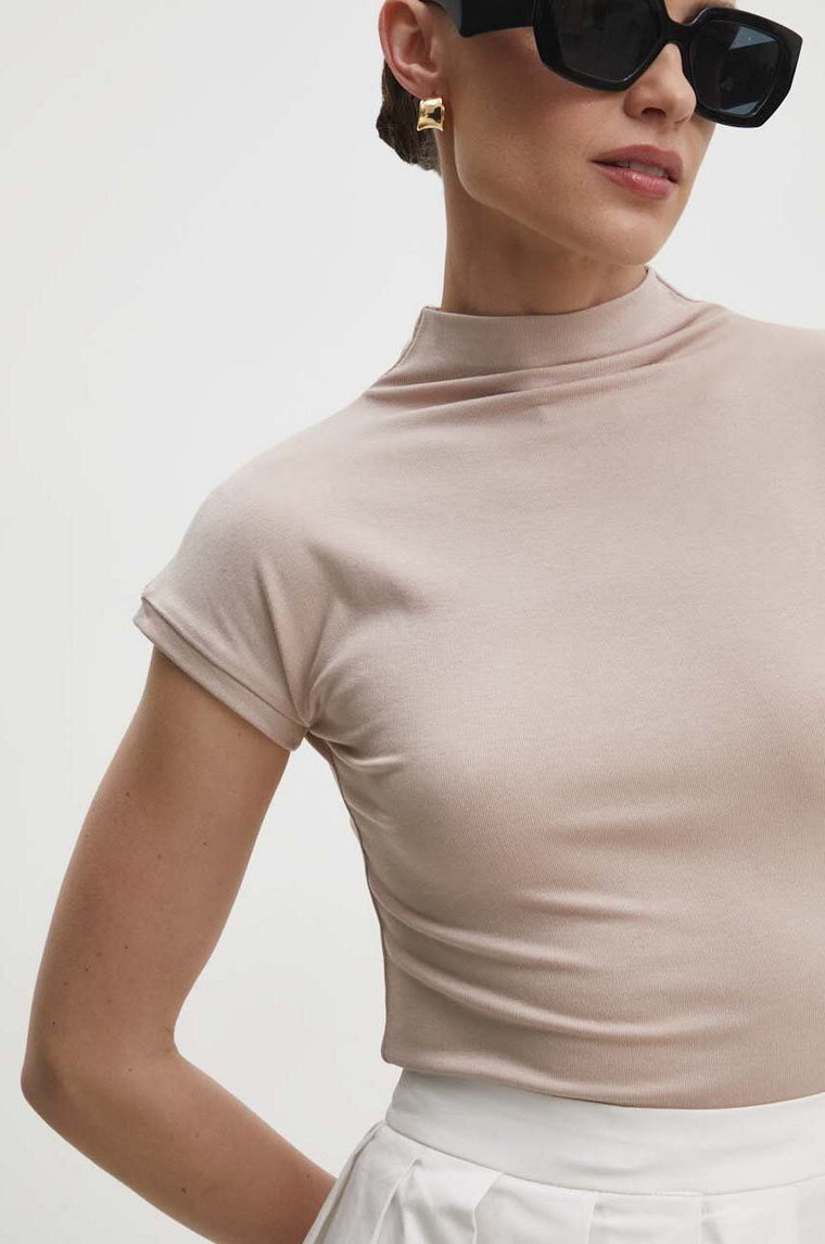 Answear Lab t-shirt damski kolor beżowy z półgolfem