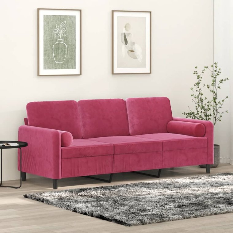 vidaXL 3-osobowa sofa z poduszkami, winna czerwień, 180 cm, aksamit