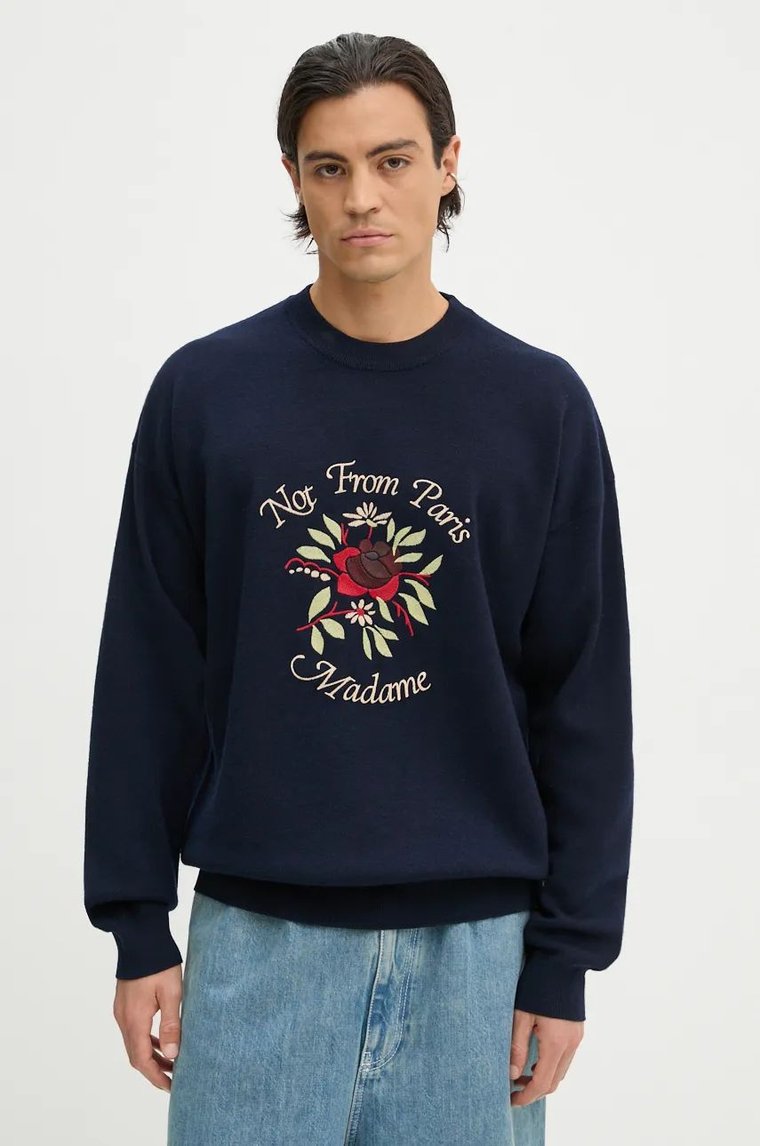 Drôle de Monsieur sweter wełniany Le Maille Slogan Fleurs kolor granatowy  E.PO162.WO007.NY Le Maille Slogan Fleurs