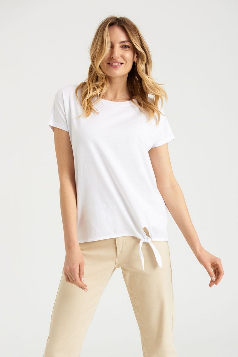 T-shirt damski z ozdobnym wiązaniem biały