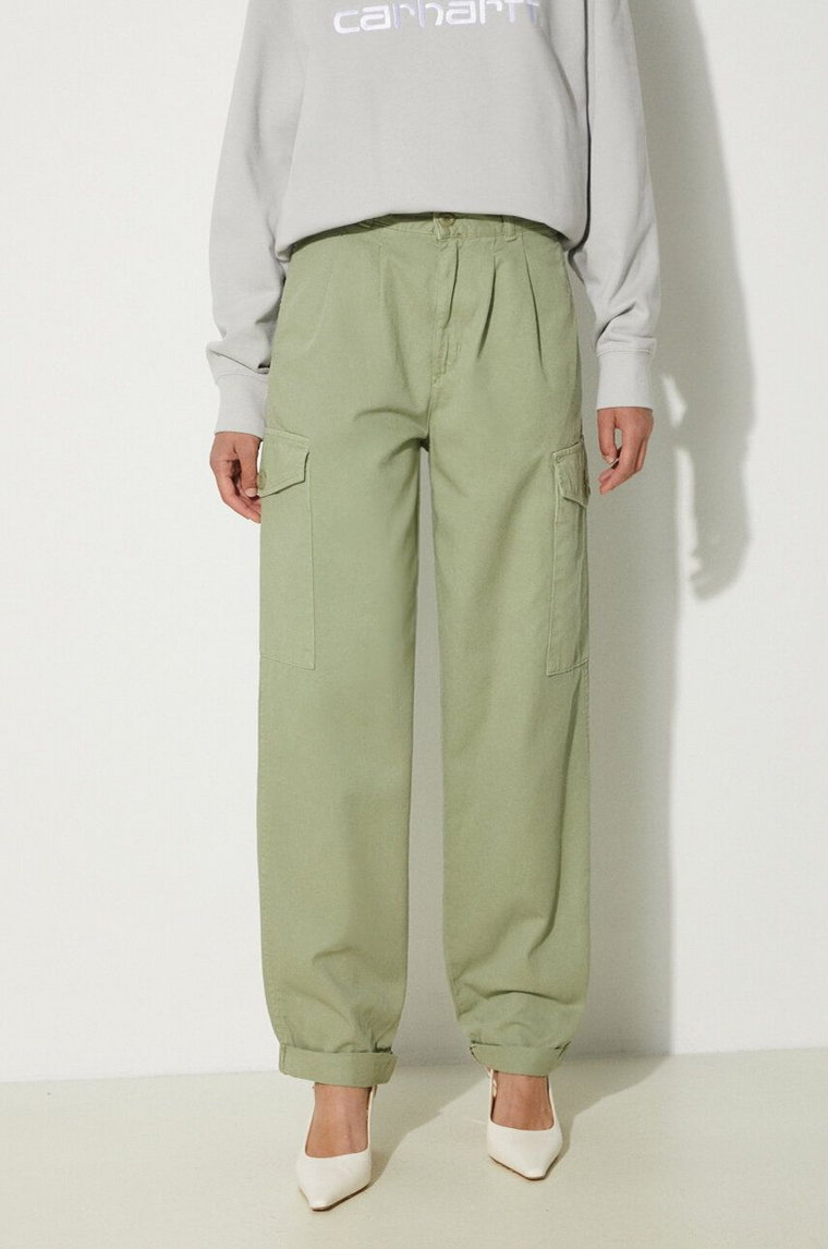 Carhartt WIP spodnie bawełniane Collins Pant kolor zielony fason cargo high waist I029789.29MGD