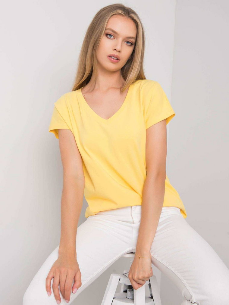 T-shirt jednokolorowy żółty casual dekolt w kształcie V rękaw krótki