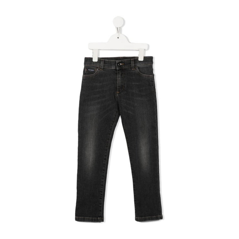 Szare Jeansy z Logo-Patchem Straight-Leg Dolce & Gabbana
