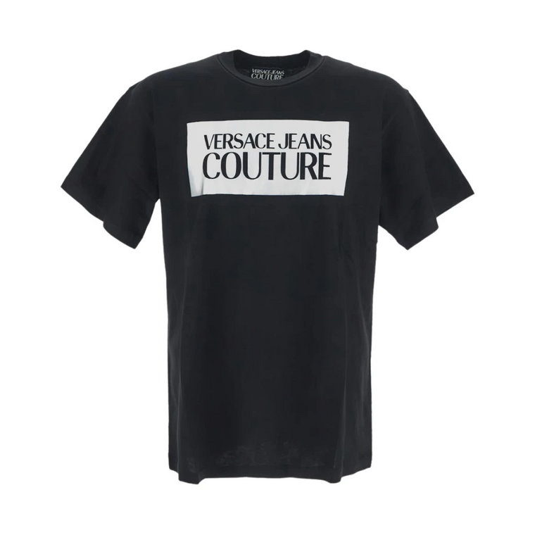 Czarna Bawełniana Koszulka z Srebrnym Panelem z Logo Versace Jeans Couture