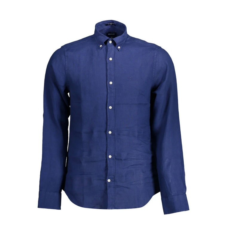 Niebieska lniana koszula slim z haftem Gant