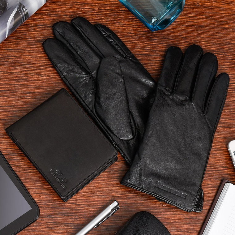 Zestaw męski skórzany portfel poziomy rękawiczki czarne Beltimore T87 : Kolory - czarny, Rozmiar rękawiczek - S/M