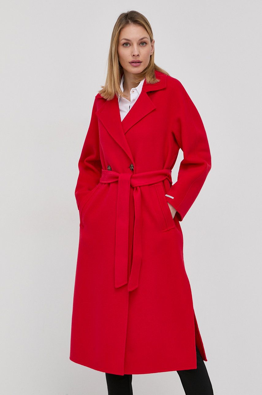 Marella Płaszcz wełniany kolor czerwony przejściowy dwurzędowy Marella