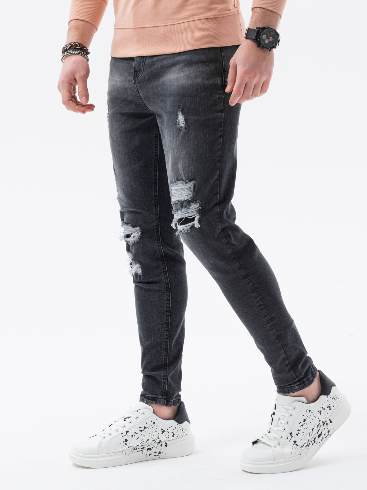 Spodnie męskie jeansowe z dziurami SLIM FIT P1078 - czarne - S Ombre  Clothing