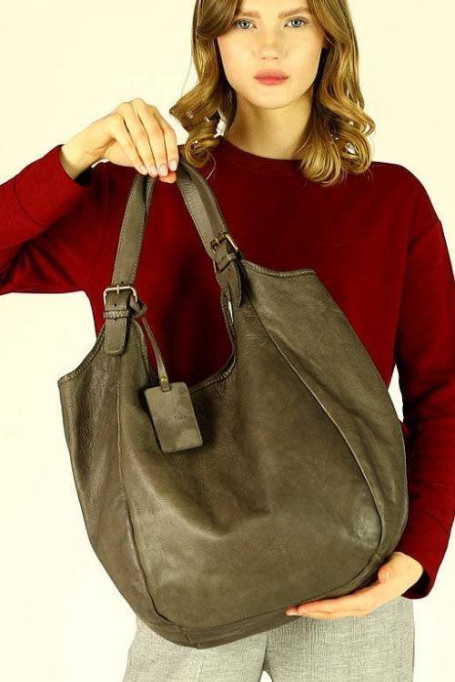 MIRABELLA - Włoska Torebka skórzana damska classic handmade shopping bag -  beż taupe Merg