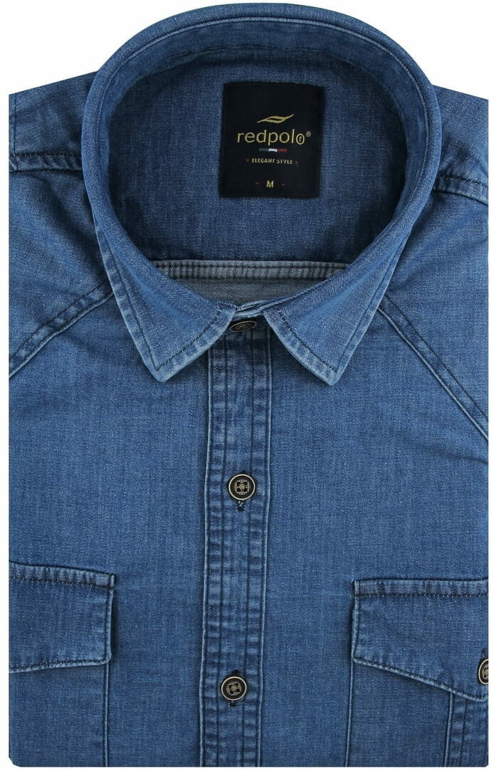 Koszula Męska Jeansowa Dżinsowa gładka niebieska z długim rękawem w kroju  SLIM FIT Redpolo B789 None